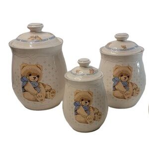 Tienshan Stoneware Country Teddy Bear Canister Jar and Lid Set of 3 Vintage